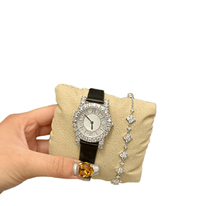 Montre en quartz incrustée de cristaux pour femme avec bracelet assorti, bracelet en cuir noir, coffret cadeau Chopards - Product Image 2