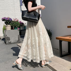 النمط الياباني الرجعية أنيقة تنوعا شبكة الدانتيل للنساء الصيف عالية الخصر التخسيس تنورة طويلة خط طبيعي - Product Image 3