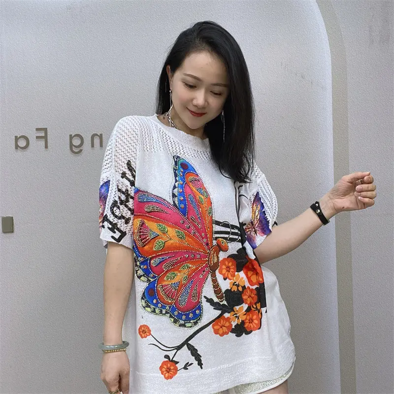 Nieuwe Chinese Stijl Hot Drill T-Shirt Gebreid Met Korte Mouwen Uitgehold Gehaakte Trui Ontwerpen Voor Vrouwen