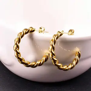 High Quality 18k Gold Plated Screw Twisted Stainless Steel Chunky Hoop Earrings