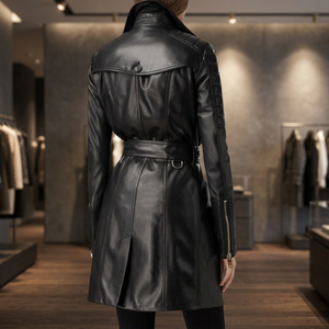 Women's Vintage Waterproof Faux Leather Trench Coat with Shearling Cotton Fill Print Decoration-Black Long Coat - Product Image 3