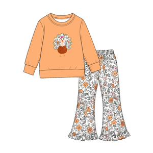Conjunto de Pantalones con Volantes y Manga Larga con Apliques Florales de Pavo de Acción de Gracias para Bebés y Niñas, Trajes a Juego para Hermanas - Product Image 2