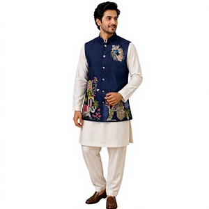 <b>Men's</b> Navy Blue Embroidered <b>Vest</b> With <b>White</b> Kurta Regular Fit Traditional Wear India Pakistan Style Wedding All Seasons - Product Image 1