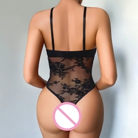 KISS ME ANGEL Body Teddy Noir en Dentelle à Motifs Floraux, Décolleté Plongeant, Col Halter, avec Détails Cils, Entrejambe Ouvert, Style Séduisant et Audacieux