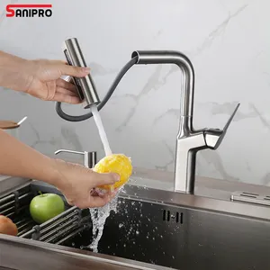 SANIPRO Luxury 4 Ways Single Handle Brushed Stainless Steel Hot Cold Mixer Sink Waterfall Faucet Pull Out Down Kitchen Taps