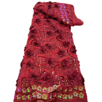 NI.AI Nouveau Modèle Tissu en Dentelle 3D Floral Rose Perlé à Paillettes, Tissu en Dentelle à Franges Festonnées en Maille Filet pour Fête