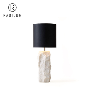 Modern Marble <b>Table</b> <b>Lamp</b> Luxury Hotel Wabi Sabi Decor Rough Natural White Stone <b>Base</b> Black Fabric Shade - Product Image 1