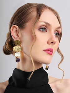 <b>Amethyst</b> Oasis Drop Earrings <b>Raw</b> <b>Amethyst</b> Stone Gold Hammered Tiered Dangle Earrings Elegant Natural Gemstone Jewelry - Product Image 4
