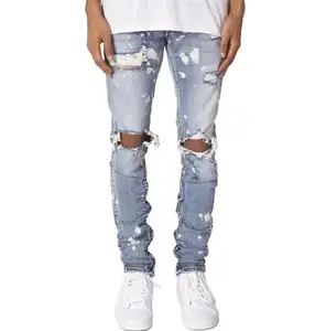 Прямая поставка, оптовая продажа, мужские Стрейчевые джинсы, рваные джинсы с индивидуальным логотипом, узкие джинсы, облегающие джинсовые брюки