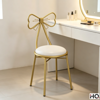 Chaise de coiffeuse moderne avec dossier nœud papillon doré, assise rembourrée en cuir PU blanc, pieds en métal, pour chambre, salon de manucure, salle à manger, café