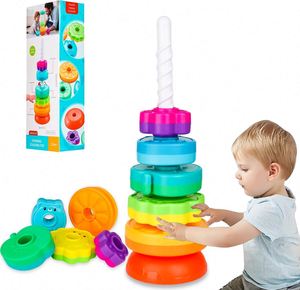 Jouet d'empilage rotatif pour bébés de 12 mois et plus, thème arc-en-ciel, fleurs, animaux, fruits, anneaux empilables en ABS pour tout-petits - Product Image 1