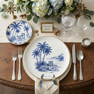 Juego de Vajilla de Cerámica Personalizado al por Mayor, Plato de Porcelana con Diseño de Tigre, Borde Dorado de Lujo, Juego de Vajilla de Porcelana China Blanca y Azul con Diseño de Selva - Product Image 4