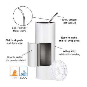 Gobelets de sublimation 20 oz, modèles fins et droits vierges, en acier inoxydable isotherme avec couvercle et paille - Product Image 3