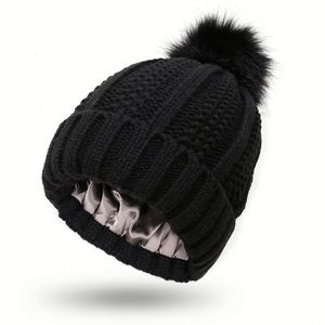 Satin Lined <b>Hats</b> Knitted <b>Beanies</b> With Detachable Pom Fur Girls Silk Lining Winter Stretchy Warm Casquette Chapeau Femme - Product Image 3
