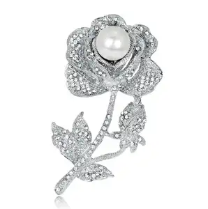 DRAD030 Fashion Rose flower Pearl Brooches rhinestones Brooch Pins For Wedding Dress