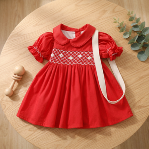 Babeeni Casual <b>Red</b> Smocked Dress for <b>Little</b> Girls 6 Months-6 Years 100% Cotton Geometric Pattern Flame Retardant OEKO-TEX - Product Image 3