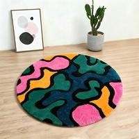 Tapis rond tufté à la main à blocs de couleur abstraits, forme ondulée vibrante, pour salon, chambre et décoration intérieure