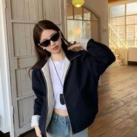 Model Baru Jaket Bomber Bergaris Dua Sisi Tipis Musim Semi Kerah Lipat Lengan Panjang Longgar Pendek Wanita