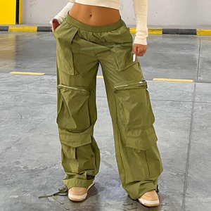 New Street Fashion Cargo Loose Multi-Pocket Stitching Kordel zug Reiß verschluss hose High Waist Cargo Pant Women - Product Image 1