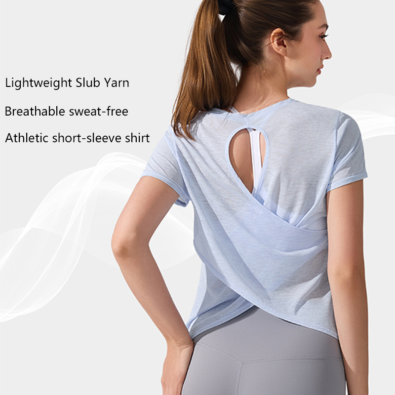 Women Slub Yarn Hollow Twist Back Yoga Top Breathable Lightweight Short Sleeve Sports Cover up for Summer Running Pilates