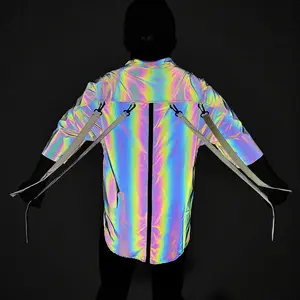 large size high bright reflective breathable zipper men casual short jacket streetwear shiny blouse shirt with light belt strips