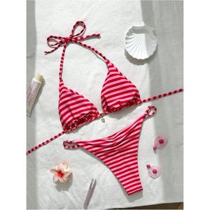 FOXA Women's 2 Piece Striped <b>Bikini</b> Set Halter Triangle Swimsuit <b>String</b> Bathing Suit Beach Vacation Clothes - Product Image 3