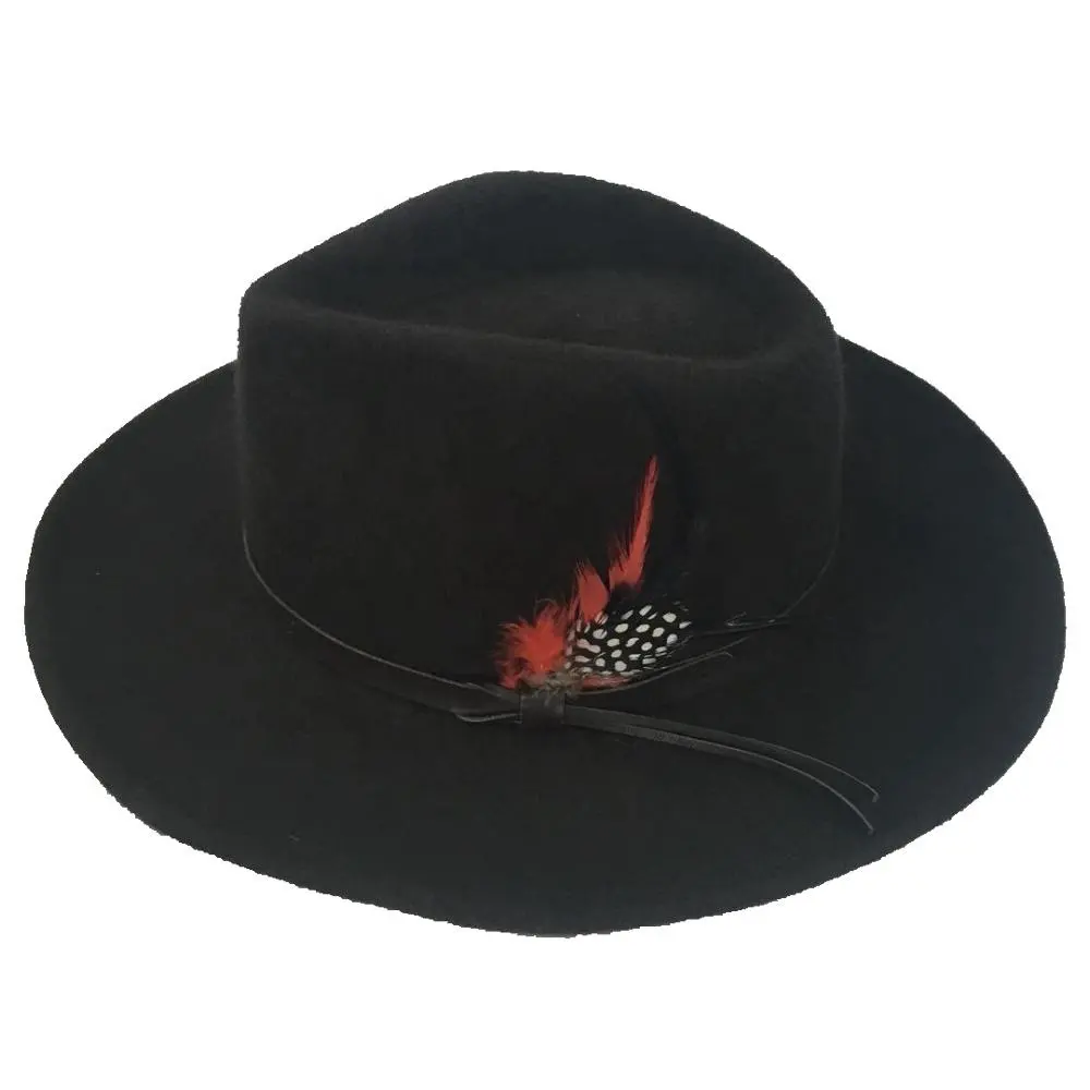 Topi koboi kain wol coklat, dengan pita dekorasi PU, aksesori bulu gaya Formal untuk pesta luar ruangan, memancing, penggunaan bisnis kasual