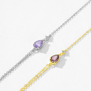 Bracelet en argent sterling S925 avec zircon violet en forme de poire et chaîne dorée pour femme, bijoux tendance, version personnalisable en cuivre - Product Image 4