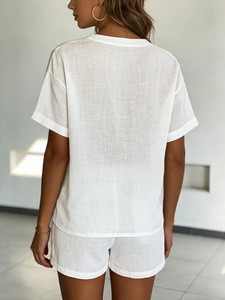 Completo Estivo Personalizzato 2026 in Lino e Cotone Bianco per Donna, <span class=keywords><strong>Set</strong></span> Due Pezzi con Scollo a V, Maniche Corte, Coulisse e Vita Elastica, OEM - Product Image 2