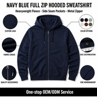 Hoodie Navy Zip Bordir Logo Kustom dengan Garis Panel Samping Melengkung, Lengan Panjang, Sweatshirt Kasual Unisex, OEM ODM Grosir