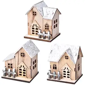 Mini Wooden House Flashing Christmas Village Figurines Light Led Ornaments for Home Party Table Gift Decoration