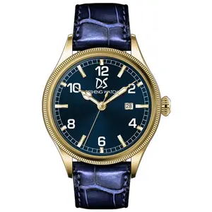 นาฬิกาข้อมือแบรนด์ที่กำหนดเองนาฬิกาข้อมือสแตนเลสหนังแท้สีน้ำเงิน