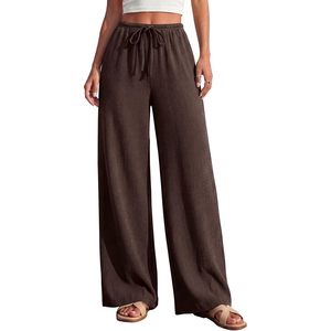 Womens <b>Summer</b> Elastic Waist Textured Flowy Palazzo <b>Pants</b> Wide Leg Casual High Waist Breathable Crepe <b>Pants</b> With Pockets - Product Image 1