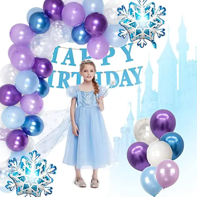 Ensemble de fournitures de fête d'anniversaire congelé ballons flocon de neige paillettes bannière joyeux anniversaire ensemble de ballons d'anniversaire bleus avec rideaux en aluminium