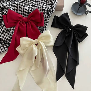 Aksesori rambut wanita, Fashion elegan pita merah simpul kain klip rambut gaya Korea pita panjang kupu-kupu busur klip rambut - Product Image 1