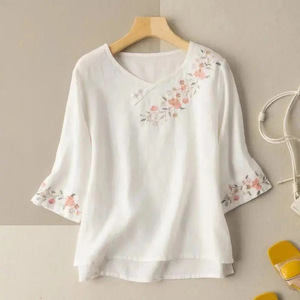 Chinese Style Embroidered <b>Shirt</b> Purple Cotton Linen Three Quarter Sleeve Top Everyday Wear - Product Image 2