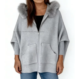 <b>Women's</b> Oversized Hooded <b>Cape</b> <b>Coat</b> - Faux Fur Trim Zip-Up Pocketed Winter <b>Womens</b> Clothes Fashion - Product Image 4