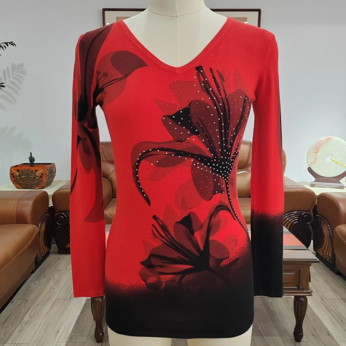 XGY Spring Fashion Custom V Neck Women Pullover Printed Knit Sweater Custom Print Knit Sweater For Women