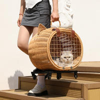Panier de transport respirant en osier pour chat avec fermeture à bouton, cage de voyage pour animaux de compagnie avec roues, capacité de 10 kg pour les trajets en voiture