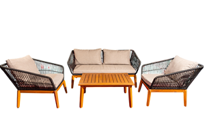 Juego de sofá de tela para exteriores con marco de metal, patas de madera, cuerda de nailon redonda negra, tejido de madera de acacia, asiento de cojín para mesa de centro - Product Image 5