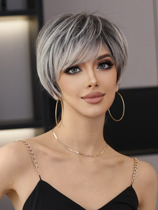 Parrucche Biondo Platino per Donne, <span class=keywords><strong>Parrucca</strong></span> <span class=keywords><strong>Grigia</strong></span> Taglio Pixie per Donne Bianche, <span class=keywords><strong>Parrucca</strong></span> Sintetica a Strati con Riflessi Grigi e Frangia - Product Image 2