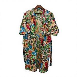 Floral Printed Long Velvet Robe With Pockets Three Quarter Sleeve Summer Vacation Style Woven Polyester Closure Belt - Product Image 1