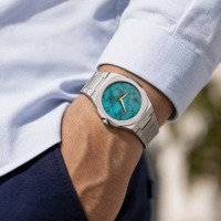 Montre pour homme avec logo personnalisé, bracelet intégré en acier inoxydable de luxe, cadran à motif turquoise, lunette octogonale, quartz ultra fin, 5 ATM