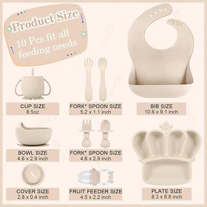 Set de Alimentación de Silicona para Bebés de 10 Piezas, Productos para el Destete, Plato con Ventosa, Babero, Alimentador de Frutas, Cuchara para Bebé, Tenedor, Vaso con Boquilla de Pato - Product Image 2