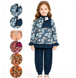 Conjunto de 2 Piezas de Ropa para Niñas, Camiseta Informal Personalizada con Estampado Floral de Algodón de Manga Larga y Pantalones Jogger con Volantes - Product Image 1