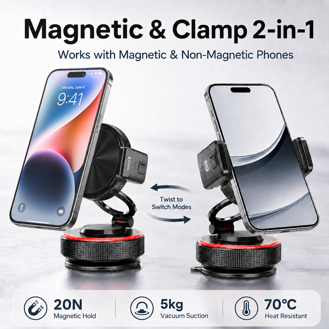 Car Phone Mount Flexible Vacuum Suction Magnetic Dual Mode Adjustable Height One Touch Release Desk Holder for Dashboard