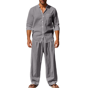 Completo Casual Primaverile in <span class=keywords><strong>Lino</strong></span> per <span class=keywords><strong>Uomo</strong></span>, Camicia a Maniche Lunghe con Bottoni e Pantaloni, Set 2 Pezzi - Product Image 4