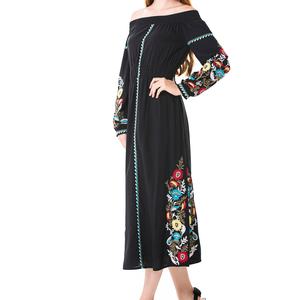 Vestidos Largos Casuales para Mujer, Bordados Florales, de Algodón, OEM, Negros, Tallas Grandes, Cintura Natural, a la Moda - Product Image 1