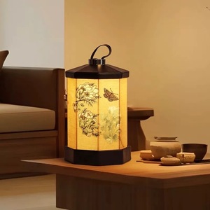 Chinese Style Hand Painted Floral Hexagonal Rechargeable Table Lamp Touch Control Led <b>Light</b> Bedroom Desk Lamp Ambient <b>Lighting</b> - Product Image 1