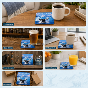 Posavasos Personalizados al por Mayor con Diseño de Cola de Ballena del Golfo de Glaciar de Alaska, Impresión UV, Base de Corcho MDF, Ecológicos, Resistentes al Calor, 10 cm de Diámetro - Product Image 2